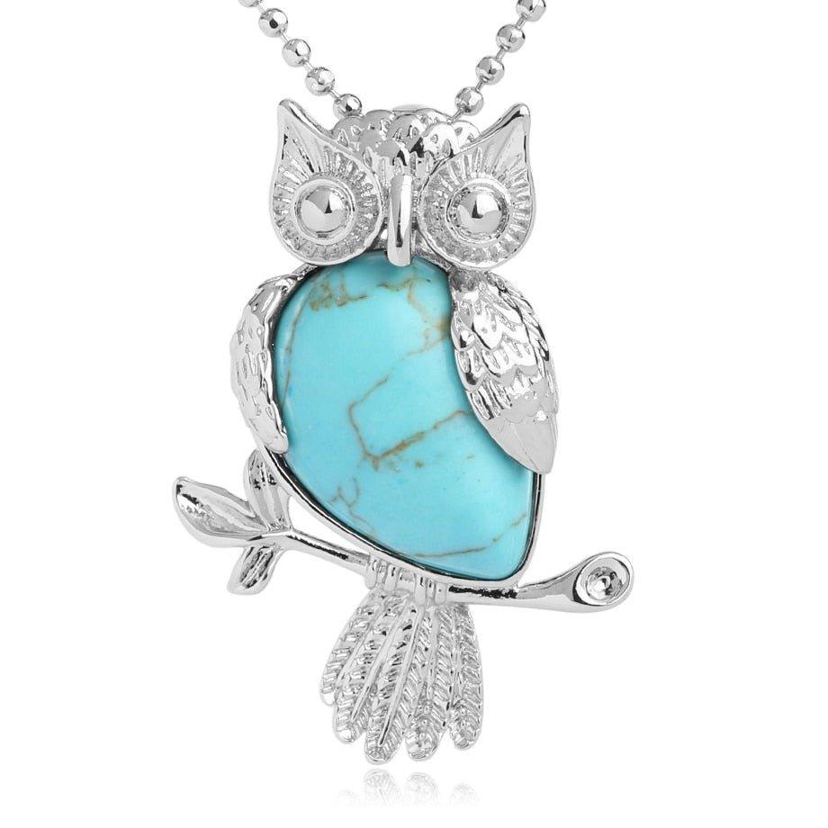 Collier pendentif chouette pierre naturel plaqué argent - MonPendentif