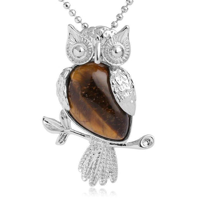 Collier pendentif chouette pierre naturel plaqué argent - MonPendentif