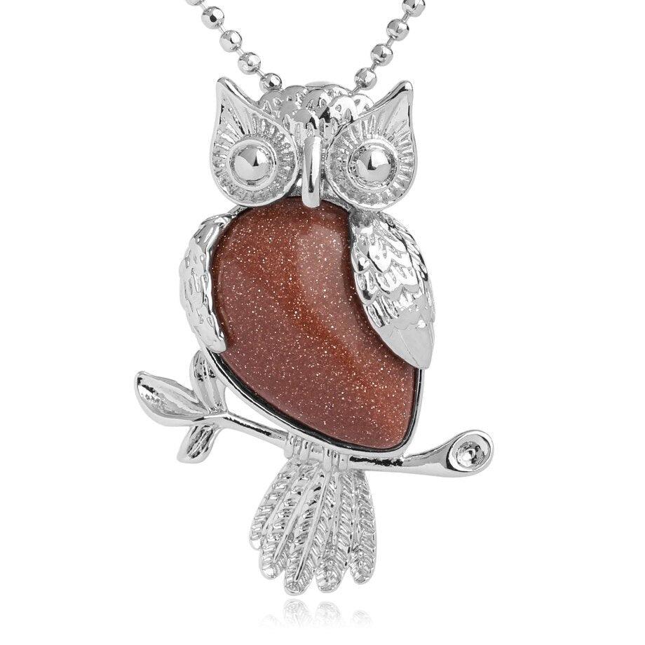 Collier pendentif chouette pierre naturel plaqué argent - MonPendentif