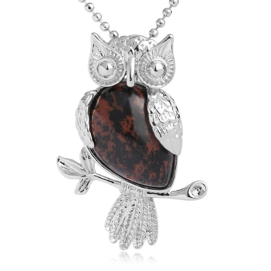 Collier pendentif chouette pierre naturel plaqué argent - MonPendentif