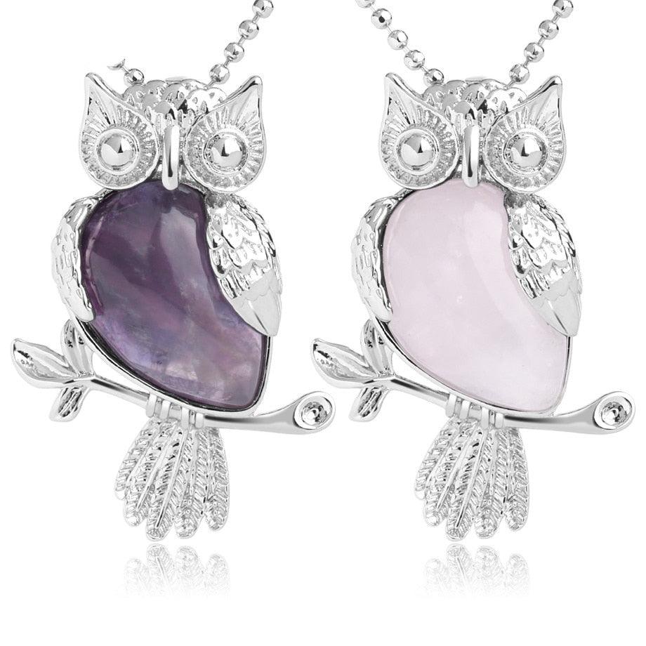 Collier pendentif chouette pierre naturel plaqué argent