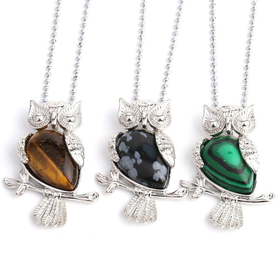 Collier pendentif chouette pierre naturel plaqué argent