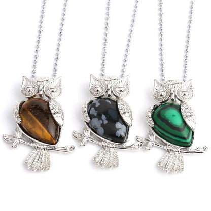 Collier pendentif chouette pierre naturel plaqué argent