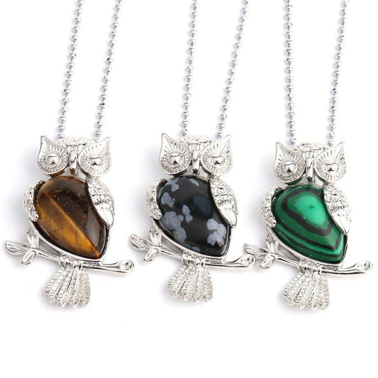 Collier pendentif chouette pierre naturel plaqué argent