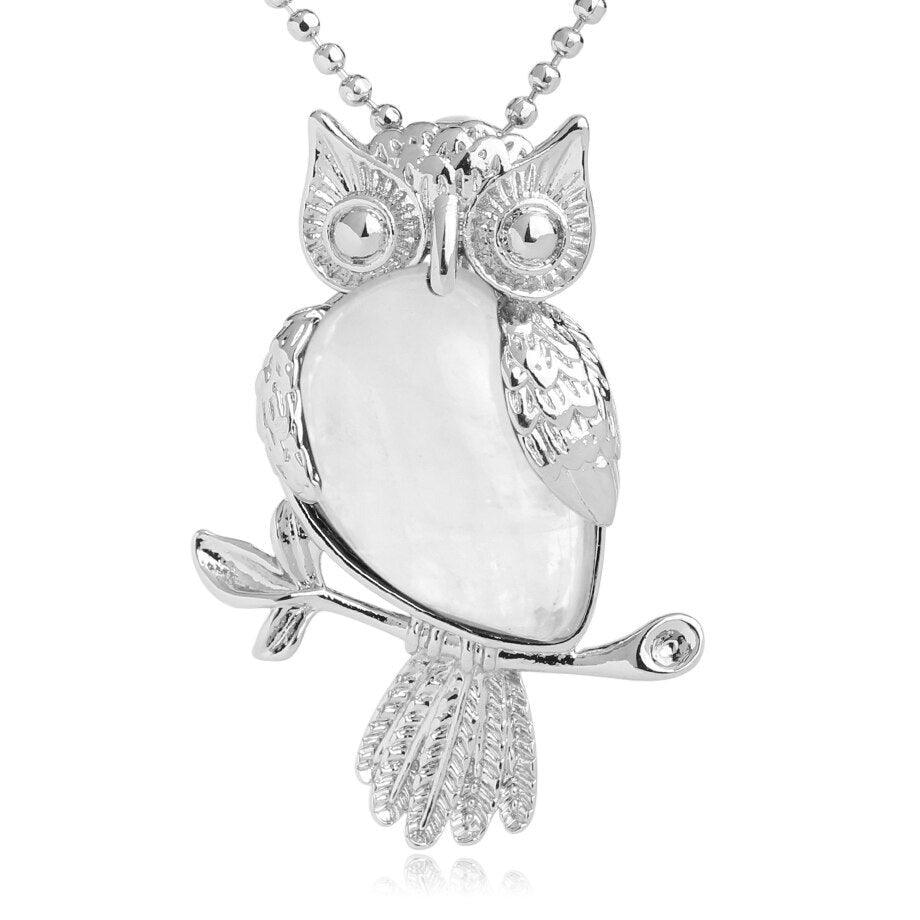 Collier pendentif chouette pierre naturel plaqué argent - MonPendentif