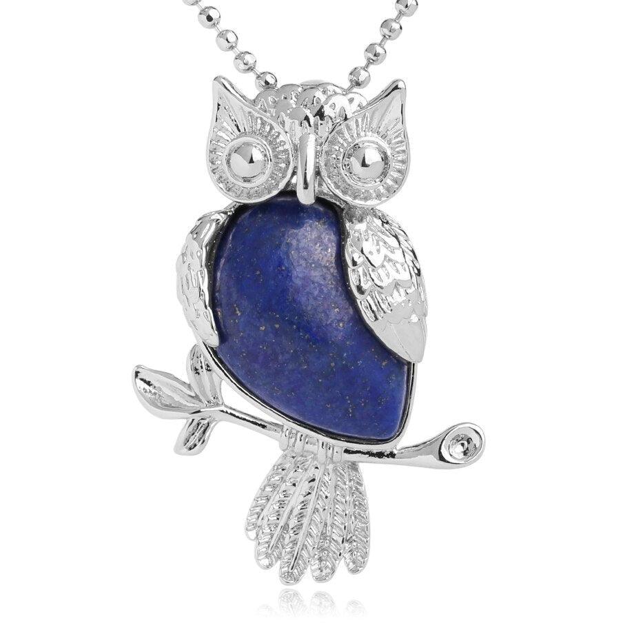 Collier pendentif chouette pierre naturel plaqué argent - MonPendentif