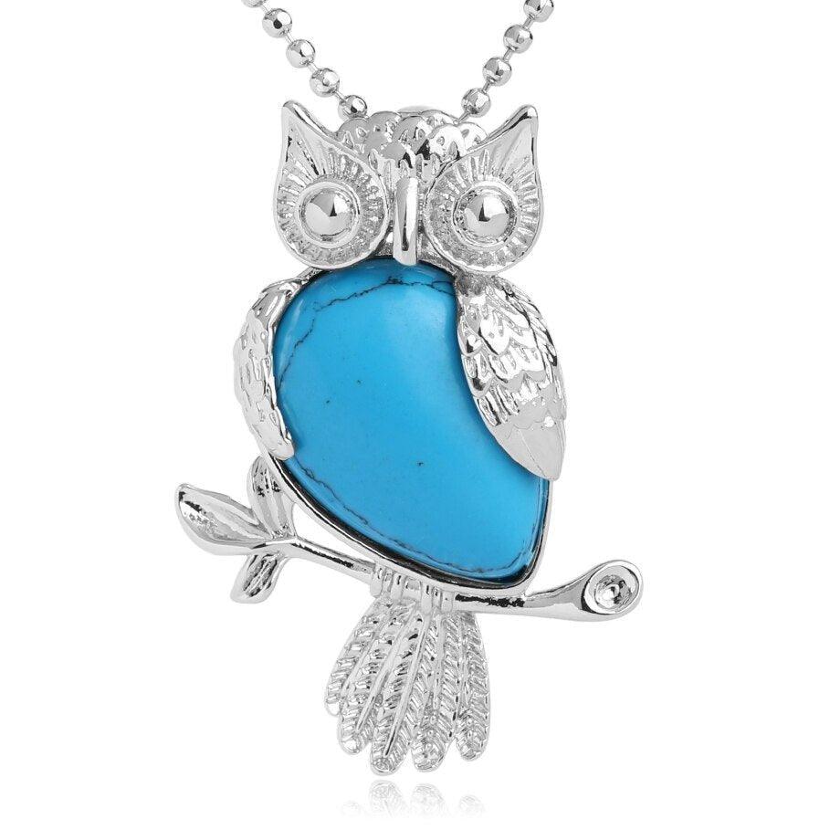 Collier pendentif chouette pierre naturel plaqué argent - MonPendentif