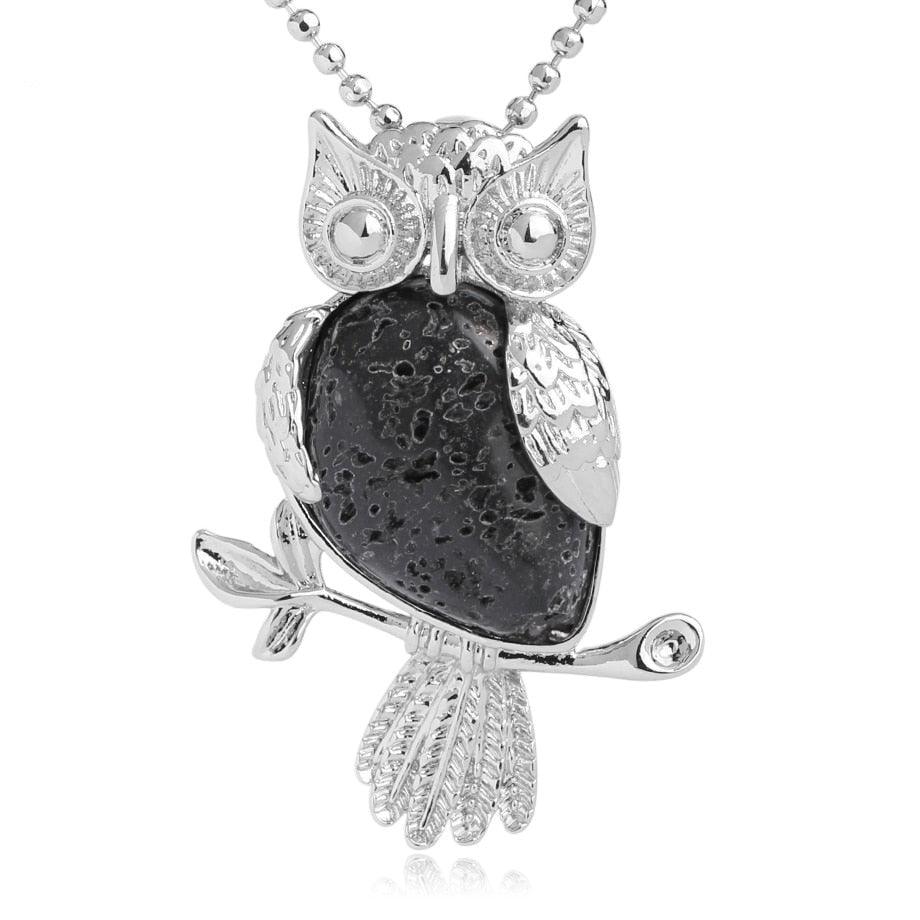 Collier pendentif chouette pierre naturel plaqué argent - MonPendentif