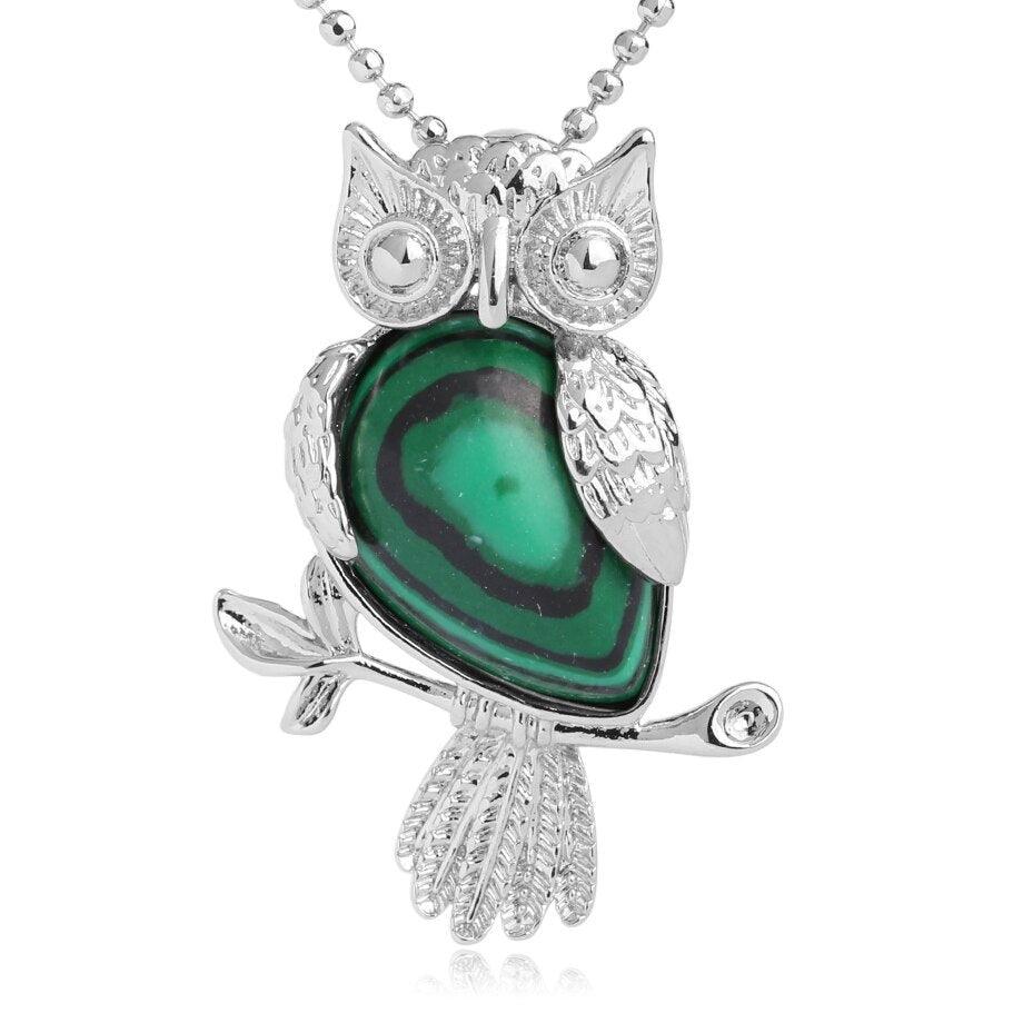 Collier pendentif chouette pierre naturel plaqué argent - MonPendentif