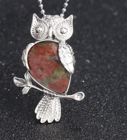 Collier pendentif chouette pierre naturel plaqué argent
