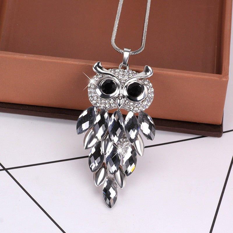 Collier pendentif chouette robe de cristal plaqué argent - MonPendentif