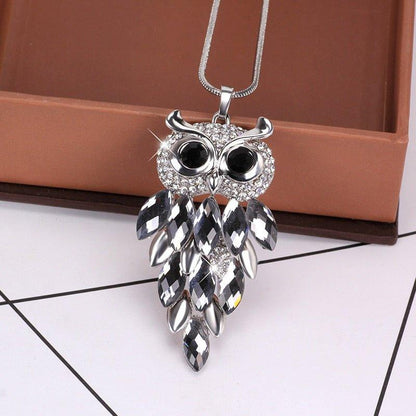 Collier pendentif chouette robe de cristal plaqué argent - MonPendentif