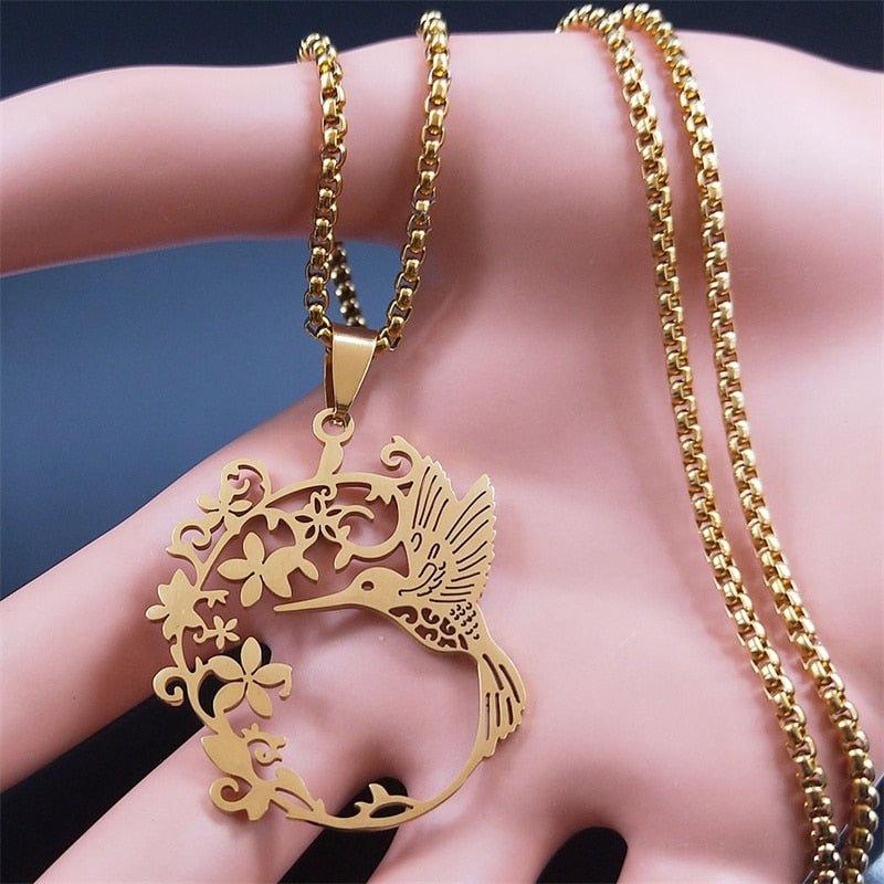Collier pendentif colibri florale plaqué or / argent