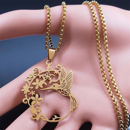 Collier pendentif colibri florale plaqué or / argent