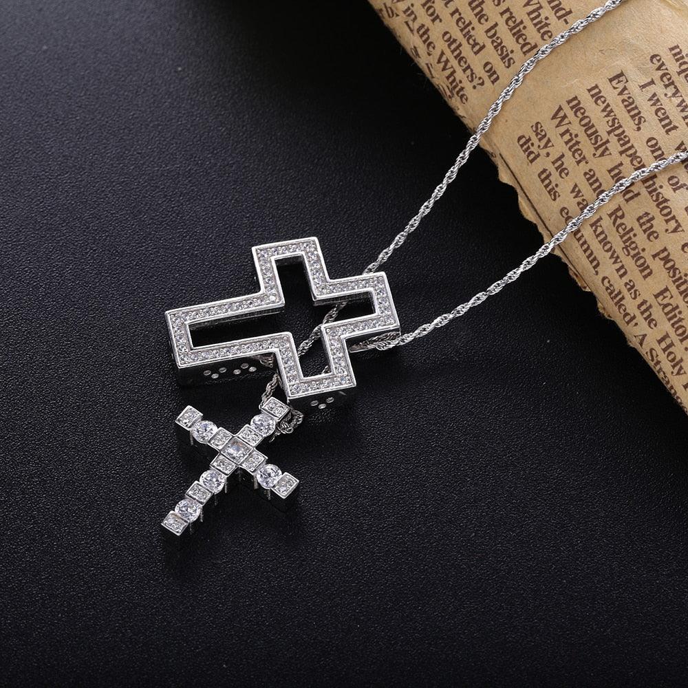Collier pendentif croix double en strass brillants et pierres en argent Sterling 925