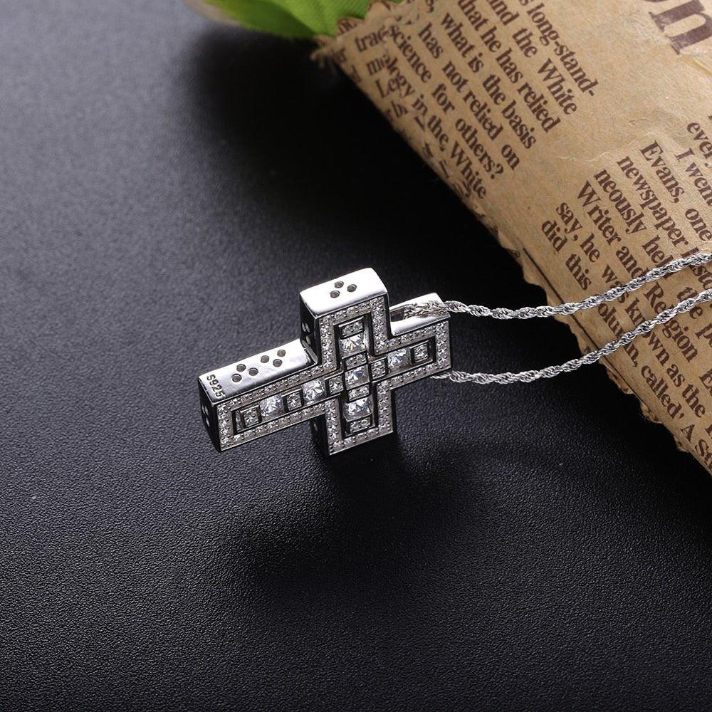 Collier pendentif croix double en strass brillants et pierres en argent Sterling 925