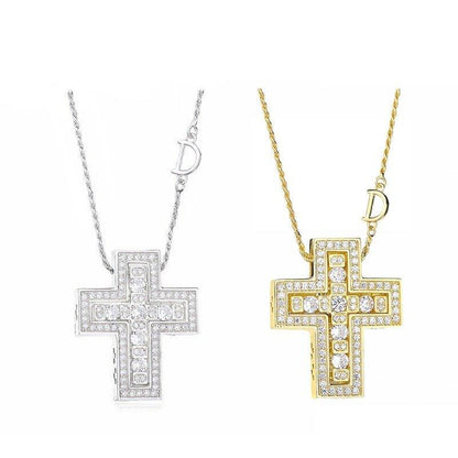 Collier pendentif croix double en strass brillants et pierres en argent Sterling 925