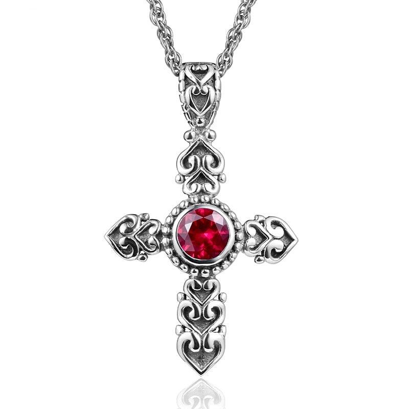 Collier pendentif croix gothique et sa pierre rubis en argent 925 - MonPendentif