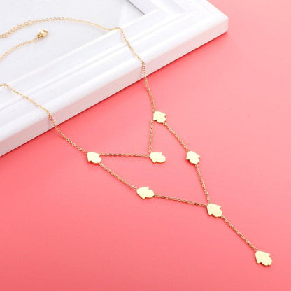Collier pendentif double chaîne en V mains de fatma plaqué or