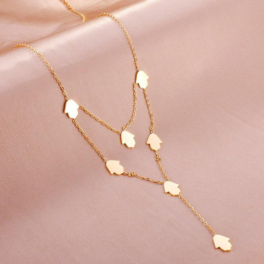 Collier pendentif double chaîne en V mains de fatma plaqué or