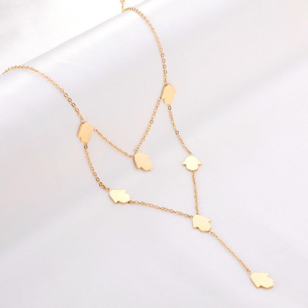 Collier pendentif double chaîne en V mains de fatma plaqué or