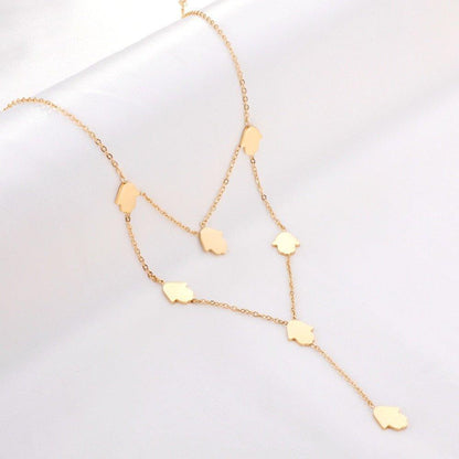 Collier pendentif double chaîne en V mains de fatma plaqué or