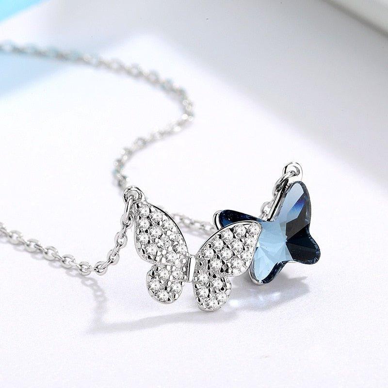 Collier pendentif double papillon bleu et strass en argent 925