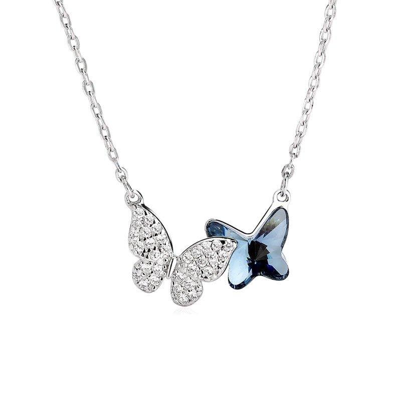 Collier pendentif double papillon bleu et strass en argent 925