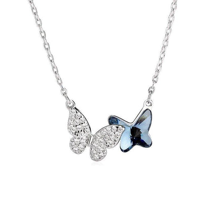 Collier pendentif double papillon bleu et strass en argent 925