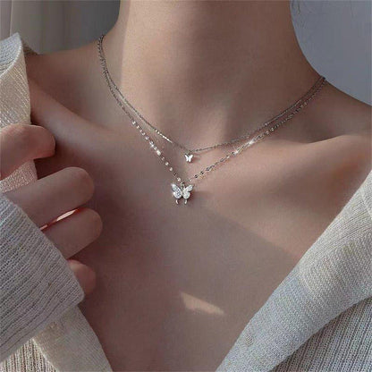 Collier pendentif double papillon plaqué argent