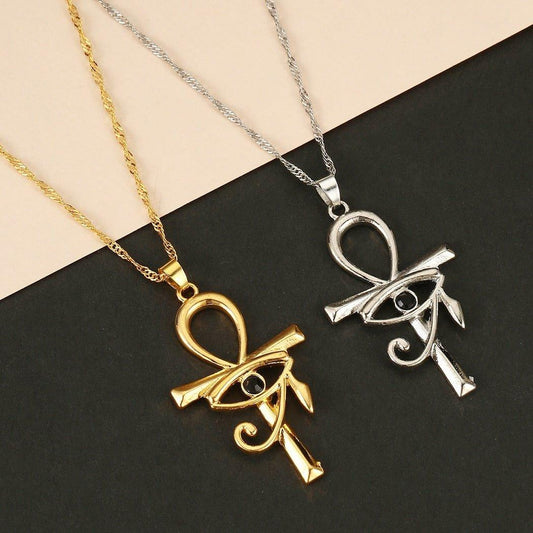 Collier pendentif égyptien croix œil d'Horus plaqué or / argent