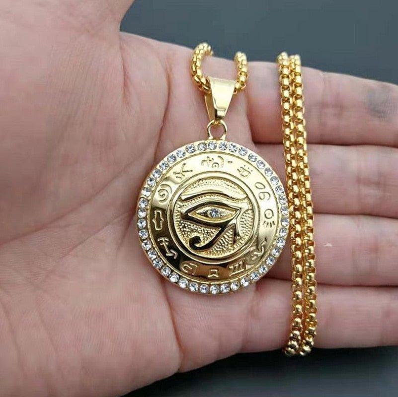 Collier pendentif égyptien oeil d'Horus grand médaillon rond