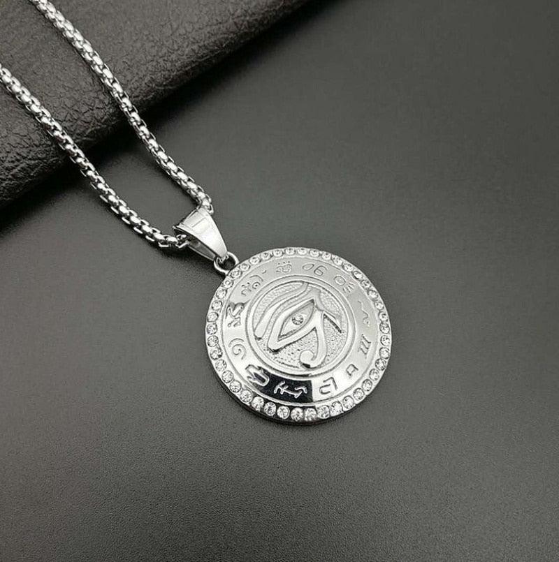 Collier pendentif égyptien oeil d'Horus grand médaillon rond - MonPendentif