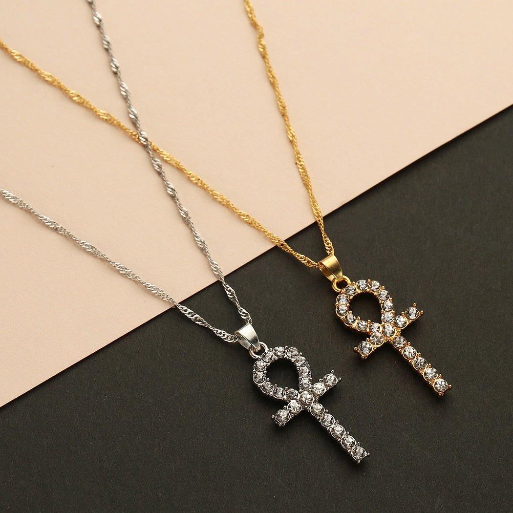 Collier pendentif égyptien petite croix amulette avec cristal plaqué or / argent