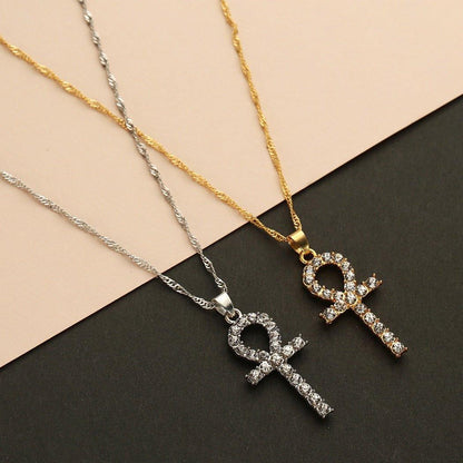 Collier pendentif égyptien petite croix amulette avec cristal plaqué or / argent