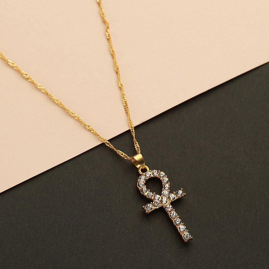 Collier pendentif égyptien petite croix amulette avec cristal plaqué or / argent - MonPendentif