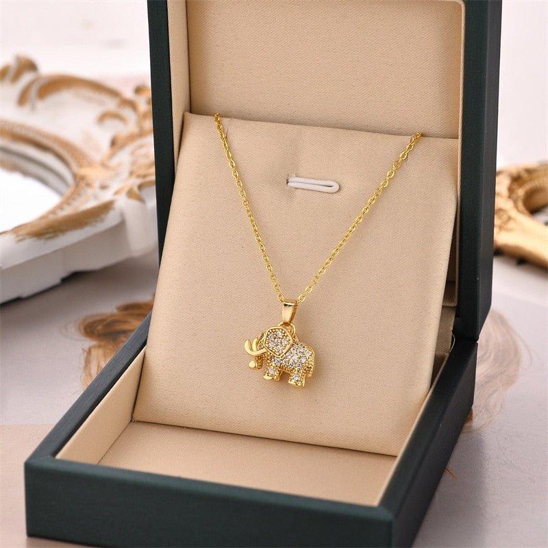 Collier pendentif éléphant relief strass plaqué or / or rose