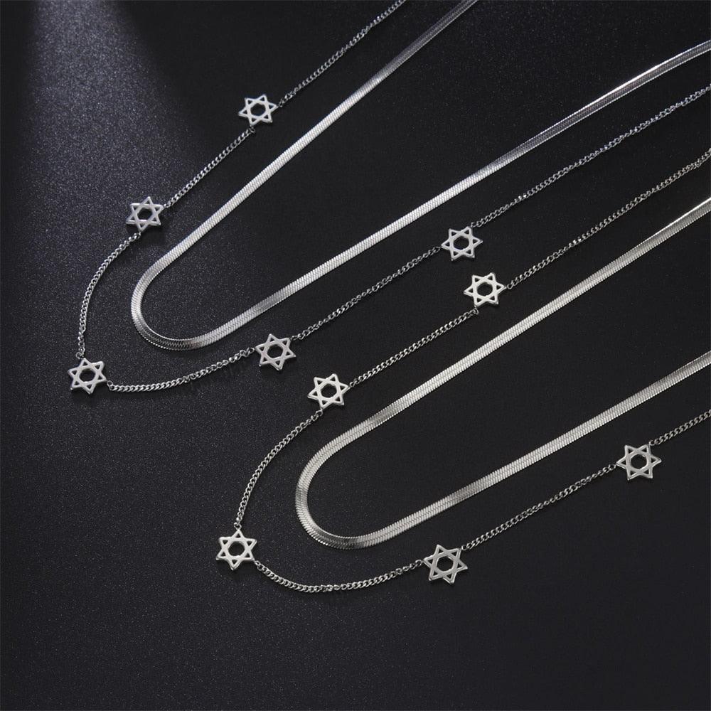 Collier pendentif étoile de David double couche ras de cou plaqué or / argent