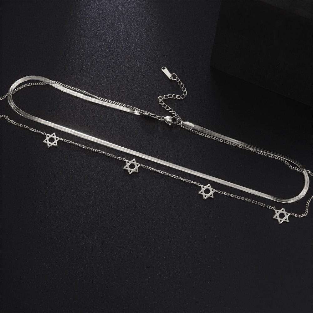 Collier pendentif étoile de David double couche ras de cou plaqué or / argent - MonPendentif