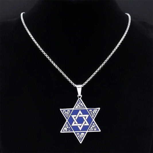 Collier pendentif étoile de David judaïca bleu
