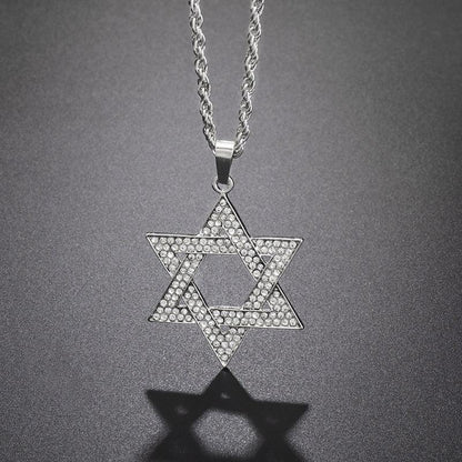 Collier pendentif étoile de David plat strassé plaqué or / argent