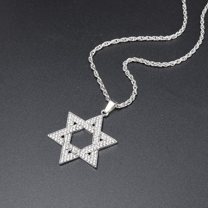 Collier pendentif étoile de David plat strassé plaqué or / argent