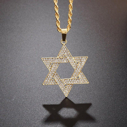 Collier pendentif étoile de David plat strassé plaqué or / argent