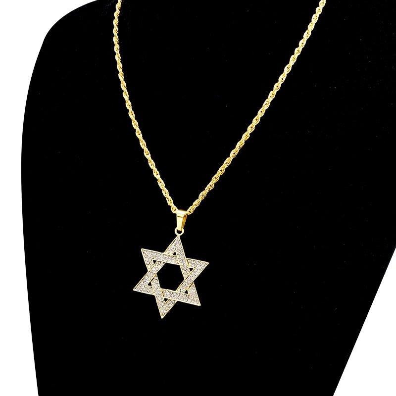 Collier pendentif étoile de David plat strassé plaqué or / argent