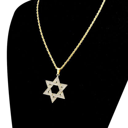 Collier pendentif étoile de David plat strassé plaqué or / argent