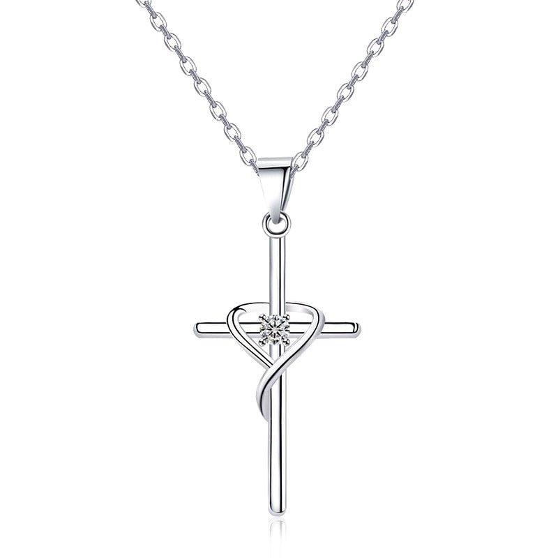 Collier pendentif fine croix porte bonheur avec strass en argent sterling 925