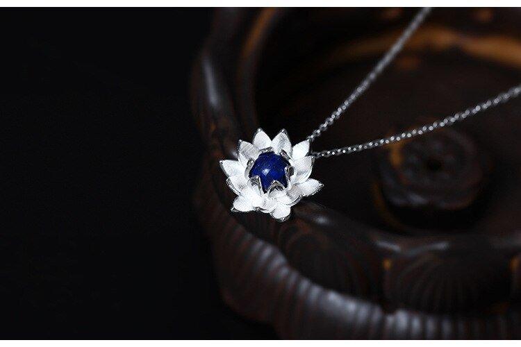 Collier pendentif fleur de lotus pierre lapis lazuli bleu argent 925