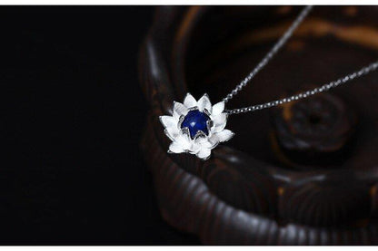 Collier pendentif fleur de lotus pierre lapis lazuli bleu argent 925