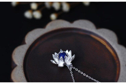 Collier pendentif fleur de lotus pierre lapis lazuli bleu argent 925