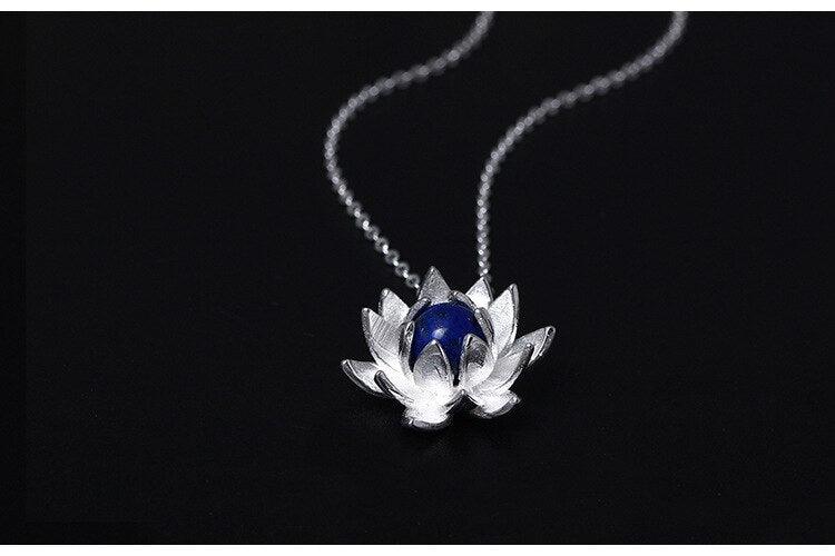 Collier pendentif fleur de lotus pierre lapis lazuli bleu argent 925